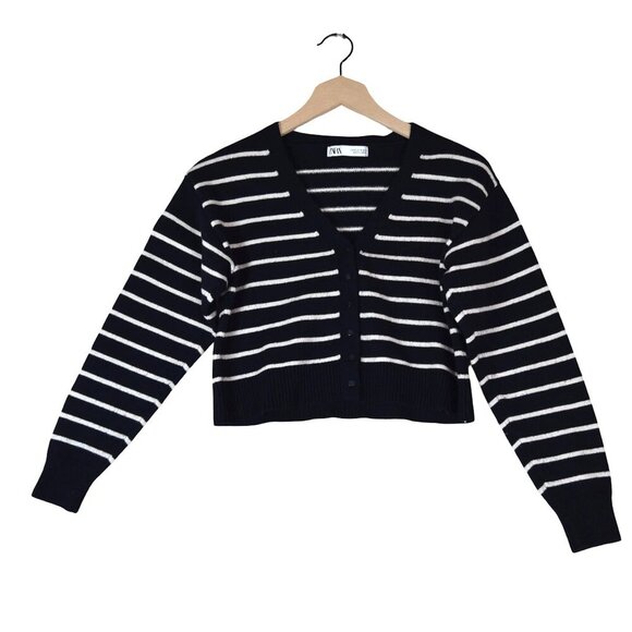 Zara Navy White Striped Cropped Cardigan Size M Nautical Preppy Chic Academia - Picture 2 of 7